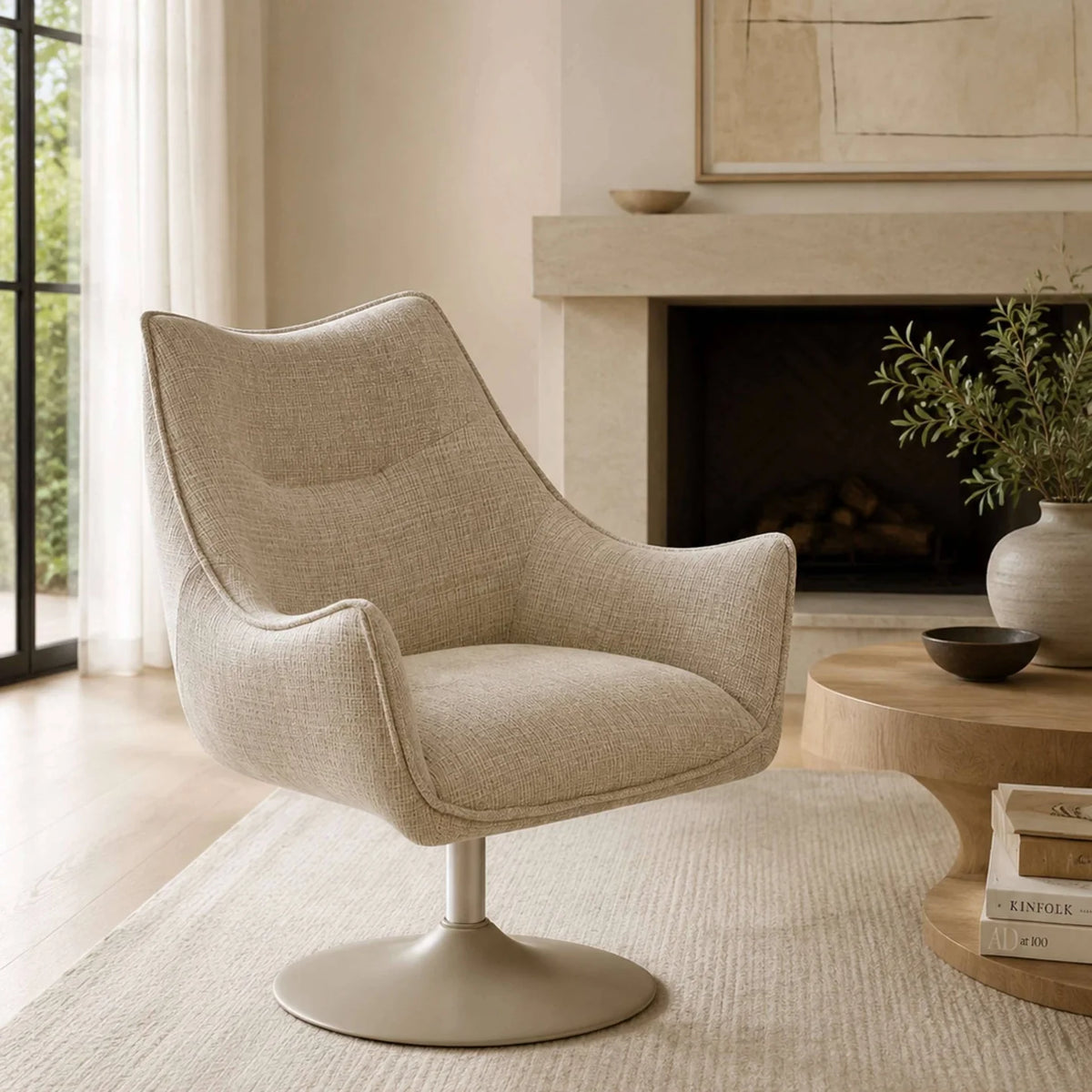 Caspian Round Fabric Swivel Chair - Ivory