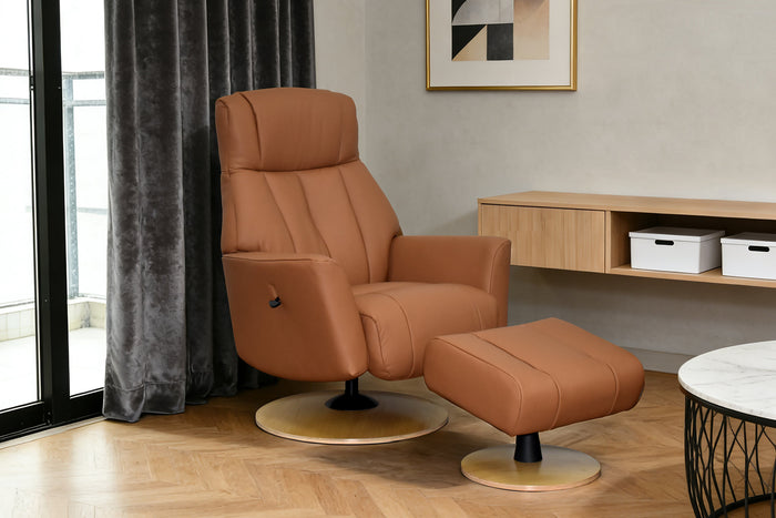 Rowan Swivel Recliner and Fixed Upholstery - Camel Leather