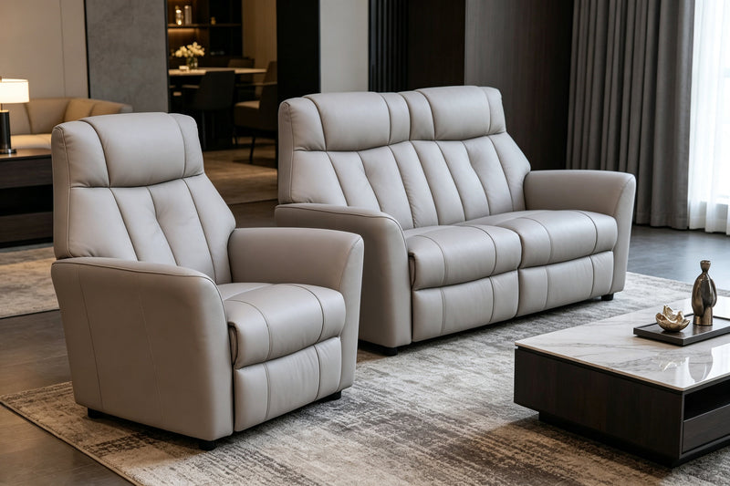 Rowan Swivel Recliner and Fixed Upholstery - New Grey Leather
