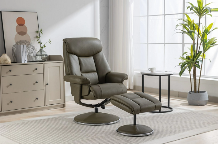 Biarritz Swivel Recliner & Footstool - Plush Leather Olive Green