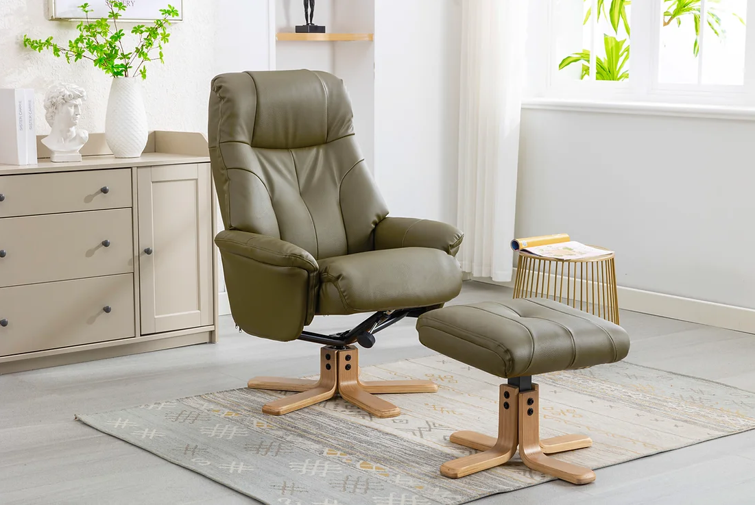 Dubai Swivel Recliner - Olive Green Plush Faux Leather