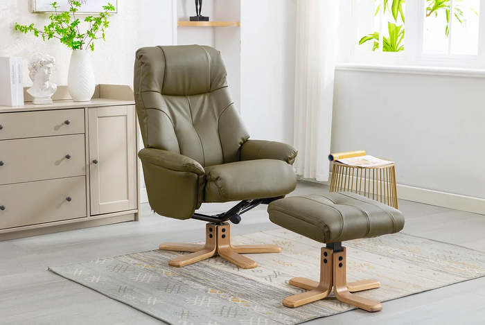 Dubai Swivel Recliner - Olive Green Plush Faux Leather