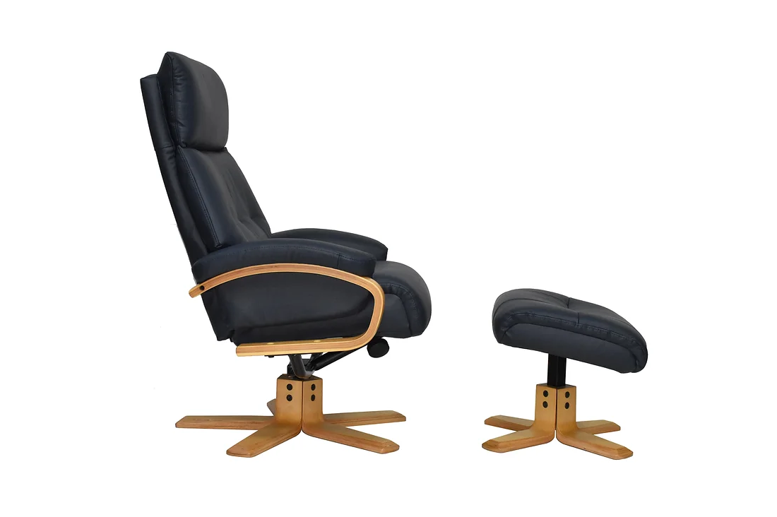Vienna Swivel Recliner & Footstool - Navy Leather