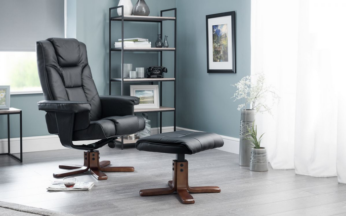 Malmo Swivel Recliner & Footstool - Black Faux Leather