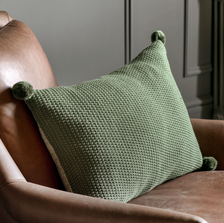 Moss Stitch Pom Pom Cushion - Olive *IN STOCK*
