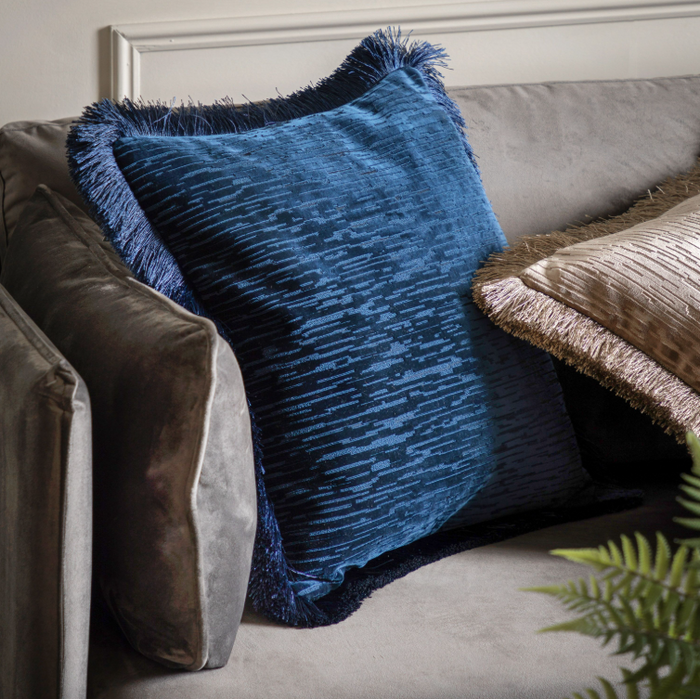 Cut Velvet Fringe Cushion - Blue *IN STOCK*