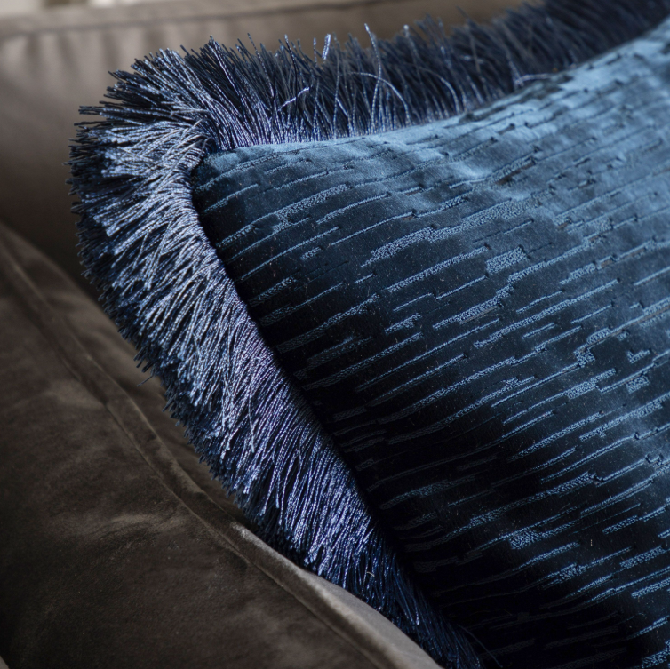 Cut Velvet Fringe Cushion - Blue *IN STOCK*