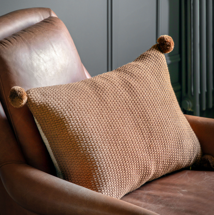 Moss Stitch Pom Pom Cushion - Tan *IN STOCK*