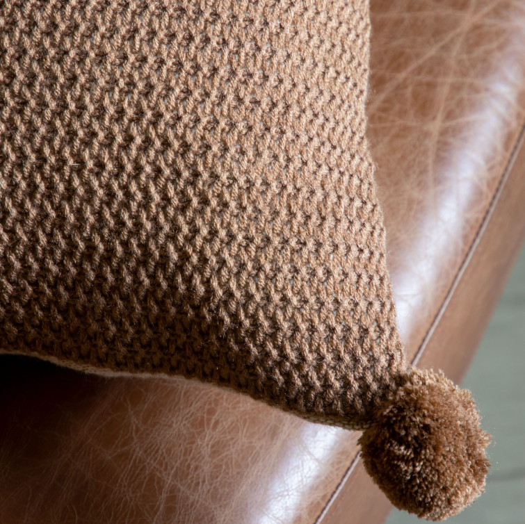 Moss Stitch Pom Pom Cushion - Tan *IN STOCK*