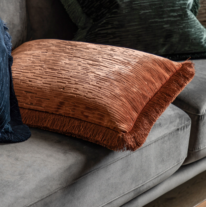 Cut Velvet Fringe Cushion - Terracotta *IN STOCK*