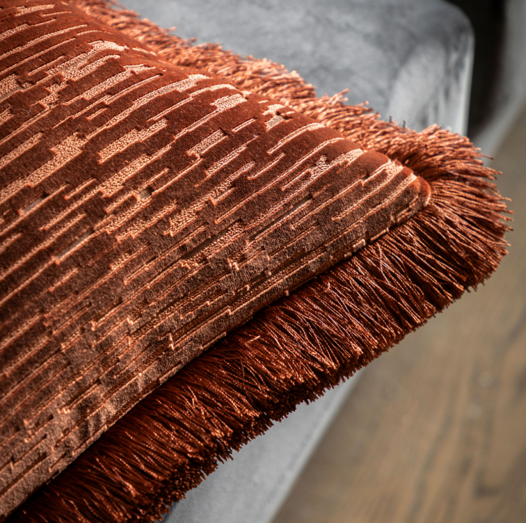 Cut Velvet Fringe Cushion - Terracotta *IN STOCK*