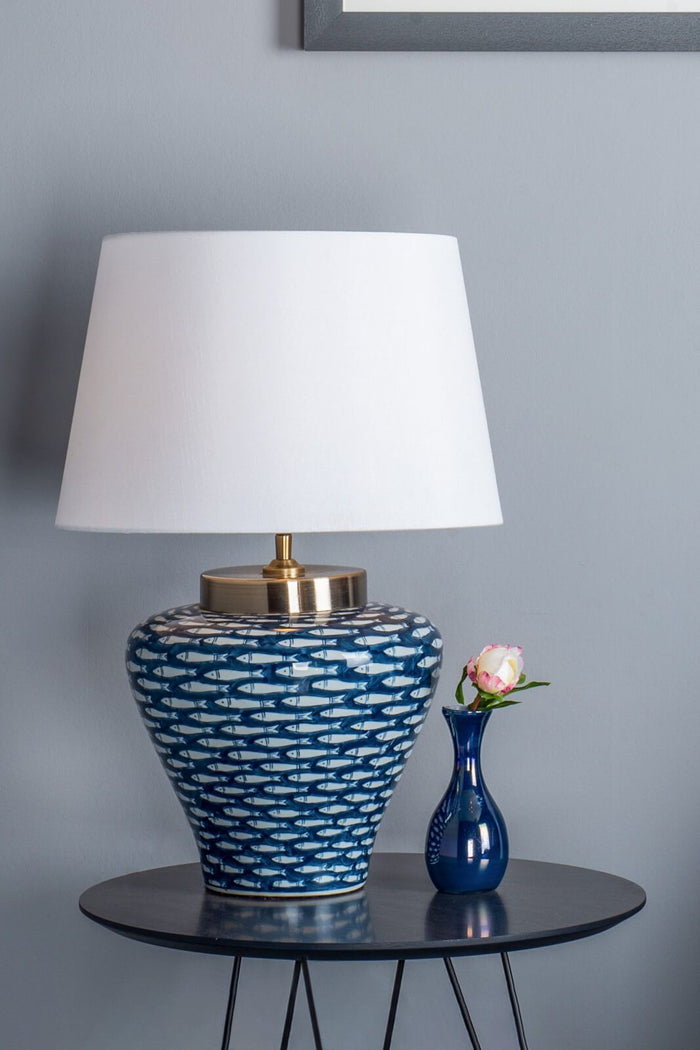 Joy Table Lamp Blue/White Fish Motif With Shade