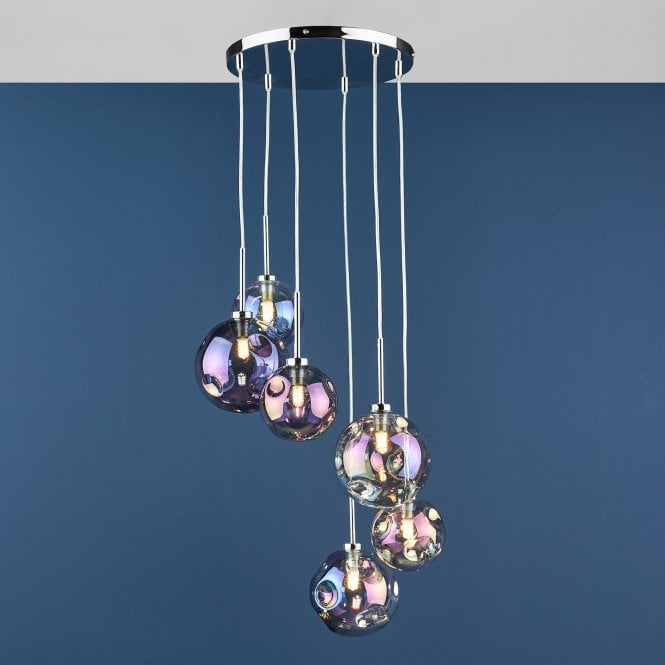 Mira 6 Light Cluster Pendant Polished Chrome Iridised Glass