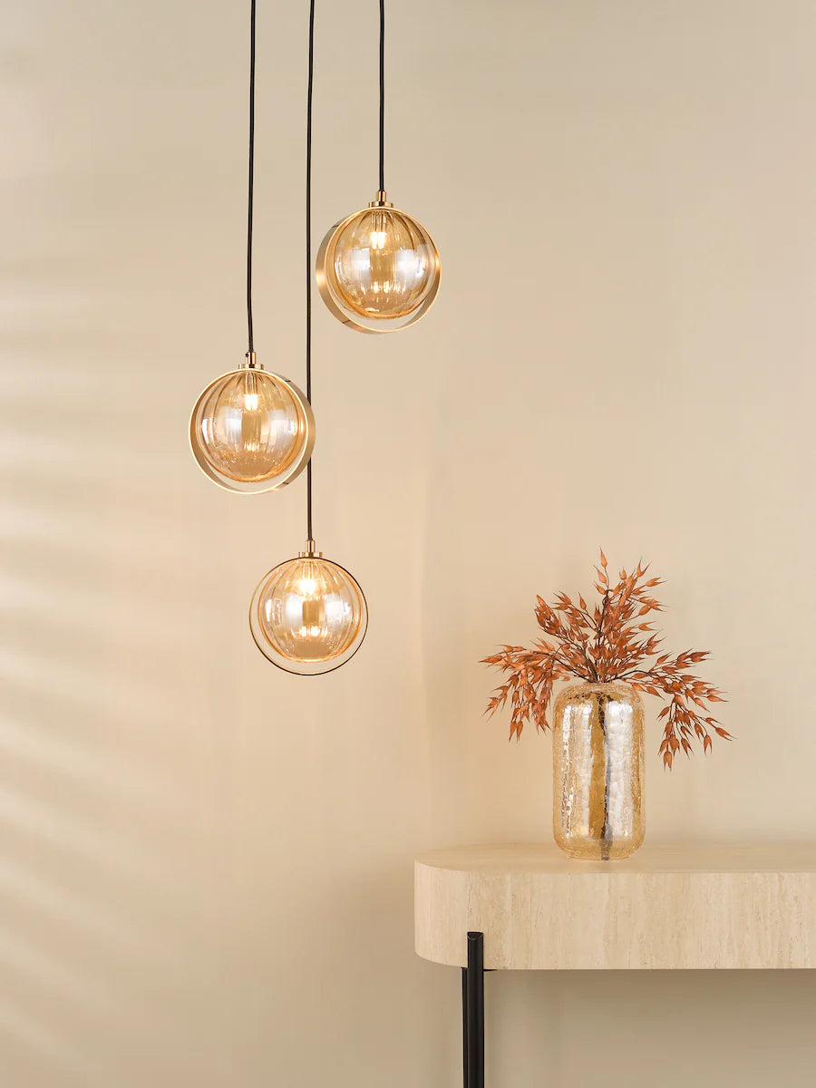 Ophira Lighting Collection - Antique Gold and Amber Ribbed Glass