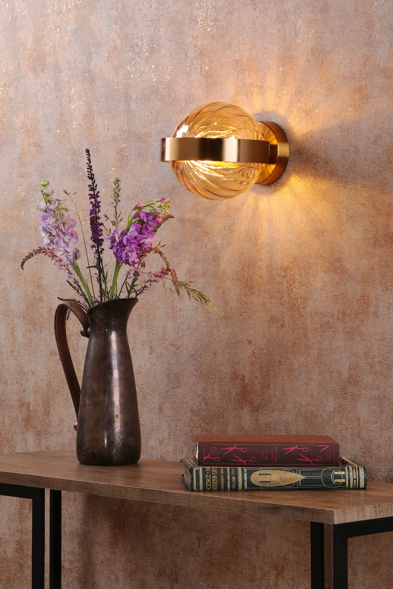 Ophira Lighting Collection - Antique Gold and Amber Ribbed Glass
