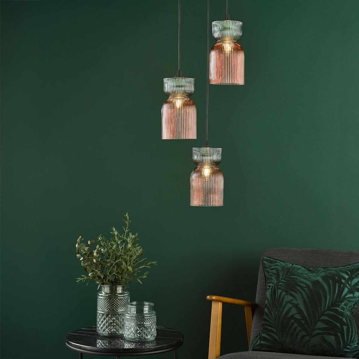 Rhubarb Lighting Collection - Pink and Green Ribbed Glass