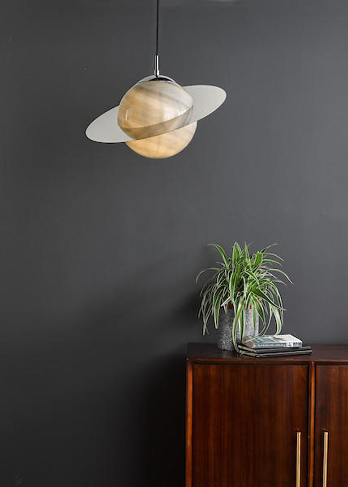 Saturn Pendant Planet Style Glass and Polished Chrome